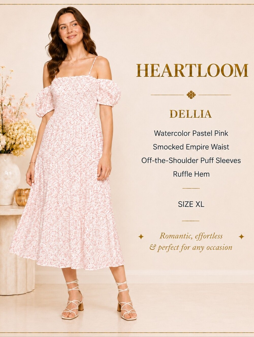 Heartloom Della Dress XL Light & Breezy Pastel Pink Smocked Off Shoulder